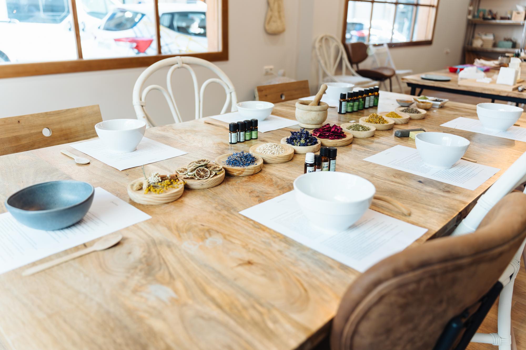 Cozy culinary studio with wooden table and ingredients