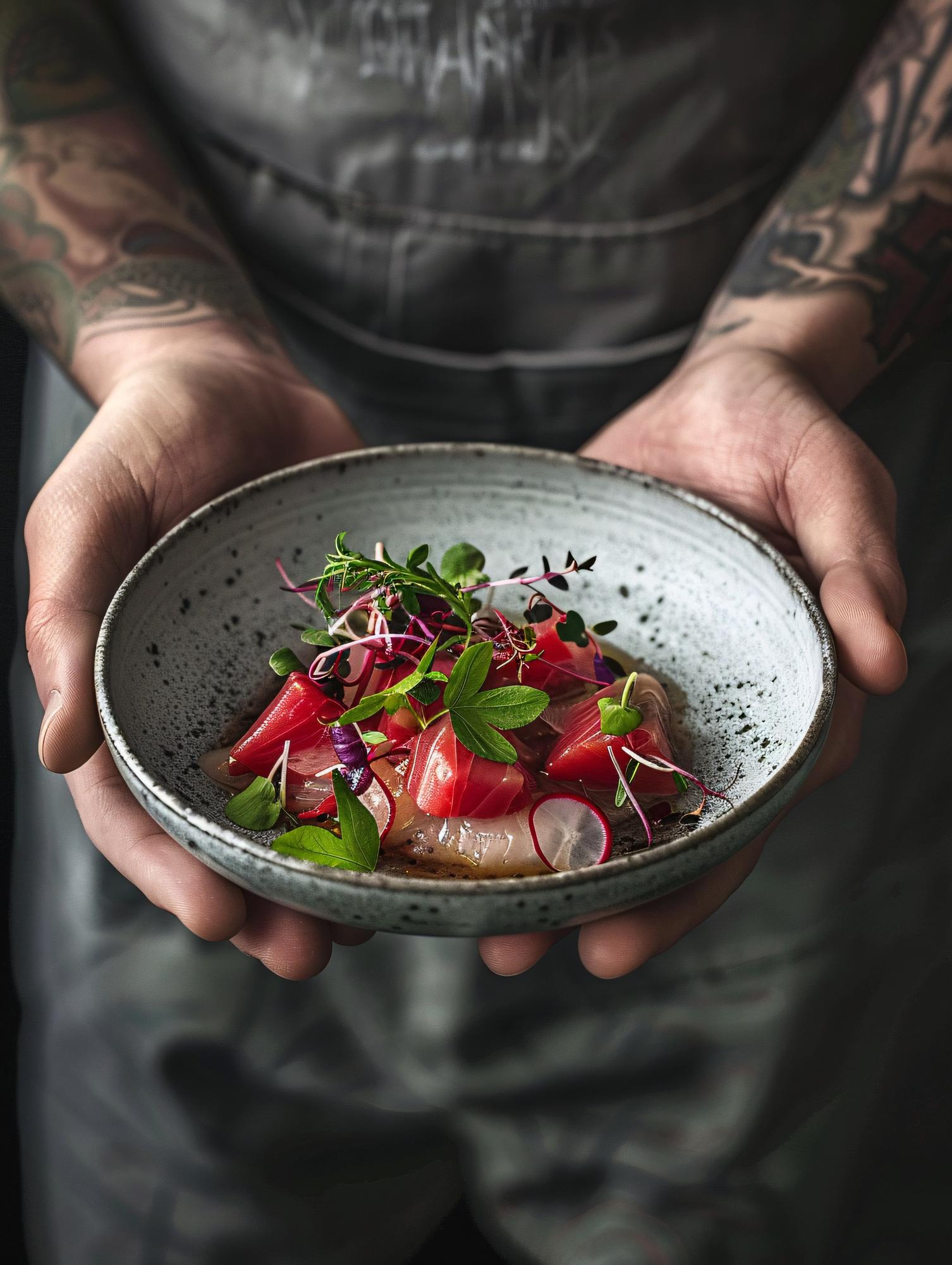 Chef plating a modern dish on a dark plate